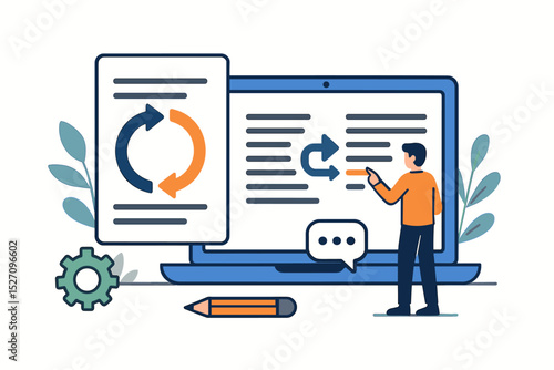 Paraphrasing tool vector concept. Man using AI writer software on laptop for text rewriting and content editing. Digital copywriting, proofreading, summarizing and optimization.