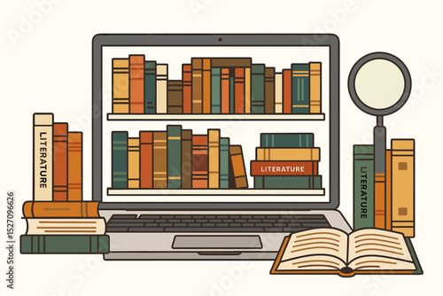 Digital library concept with books on laptop screen. Online education, e-learning, and literature research illustration. Vector graphic of electronic archive and knowledge database.