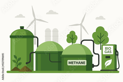 Biogas production plant concept vector illustration. Renewable energy from biomass, methane gas. Sustainable technology with digester, fuel pump, and wind turbines. Eco-friendly power.