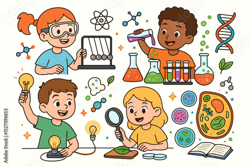 Cute cartoon kids doing science experiments. Children in class learning chemistry, physics, biology. STEM education vector illustration set for school, laboratory, and discovery concepts.