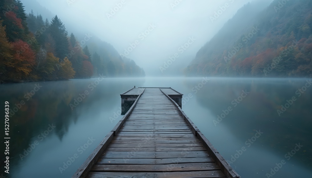 Obraz premium Wooden pier leads calm lake surrounded by misty autumn foliage, shrouded fog. Serene tranquil scene offers peaceful contemplation. Pathway through water, exploring outdoors, vacation holiday travel