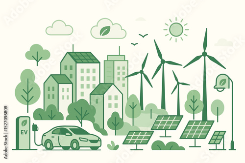 Sustainable green city concept with renewable energy. Eco friendly urban landscape with wind turbines, solar panels and an electric car at an EV charging station. Ecology vector.