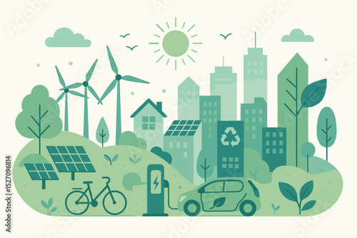 Sustainable green city concept with wind turbines, solar panels, and electric car. Eco friendly urban landscape with renewable energy and recycling. Vector illustration of the future.