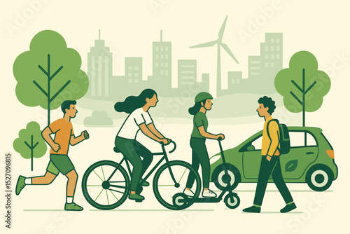 Eco-friendly urban mobility in a green city. People jogging, riding a bicycle, and using an electric scooter. Sustainable transportation, healthy lifestyle, and clean energy concept.