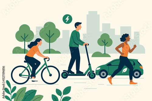 Eco friendly urban mobility concept illustration. People using green transport: electric scooter, bicycle, EV car. Woman running in city park. Healthy sustainable lifestyle.