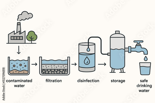 Water treatment process infographic showing the steps for purification. From contaminated industrial pollution to clean safe drinking water. Filtration, disinfection, and storage diagram.