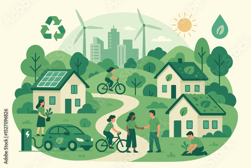 Sustainable community illustration with people in an eco-friendly lifestyle. Green energy concept with solar panels, wind turbines, and an electric car. Environmental conservation.