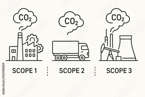 Scope 1, 2, and 3 carbon emissions icon set. GHG Protocol infographic for direct and indirect greenhouse gas. Corporate sustainability, ESG, and climate change vector concept.