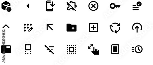Black vector icons set for mobile and web design featuring windows, documents, arrows, and close/split symbols on white background.