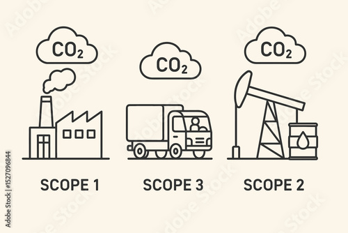 Scope 1, 2, and 3 carbon emissions sources infographic. Greenhouse gas GHG icon set with factory, transport, and energy. Direct and indirect CO2 pollution for sustainability report.