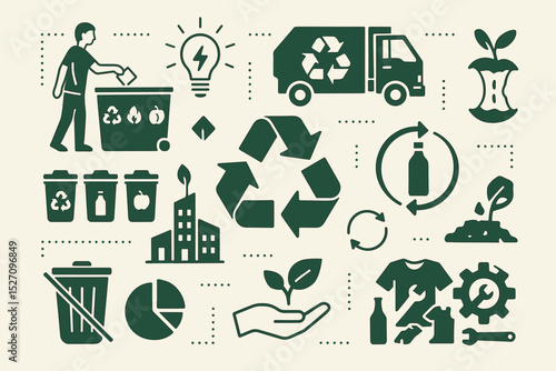 Waste management solutions and recycling vector icon set. Sustainability and ecology symbols. Concepts for circular economy, zero waste, green city, composting, and eco friendly life.