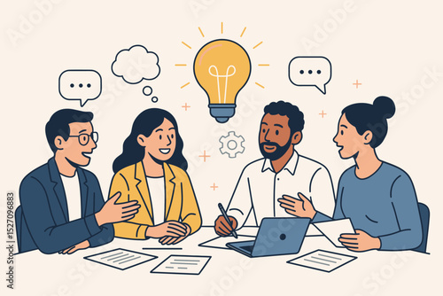 Business team collaboration concept. Diverse group of colleagues brainstorming in a meeting. Teamwork for new idea generation and creative solution. Lightbulb symbol for innovation.