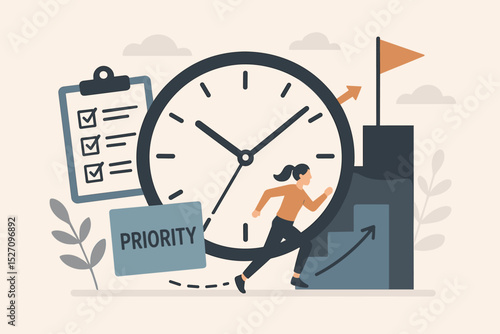 Time management concept. Woman running to achieve a goal. Efficient task management, productivity, and priority setting. Businesswoman climbing career ladder with checklist and clock.