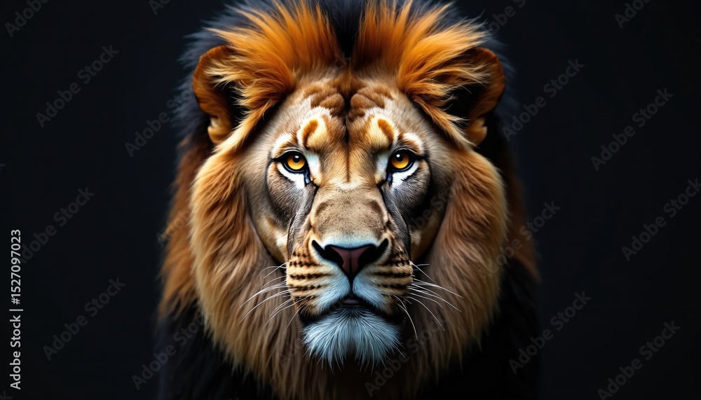 Fototapeta premium Close-up of lion face against black backdrop. Majestic big cat portrait shows powerful feline, fierce predator with intense gaze. Wild animal isolated on dark background. King of jungle concept.