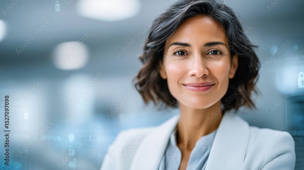 Fototapeta premium Confident Middle Eastern woman with curly hair smiles in modern office setting. Portrait of young professional showing poised and professional demeanor