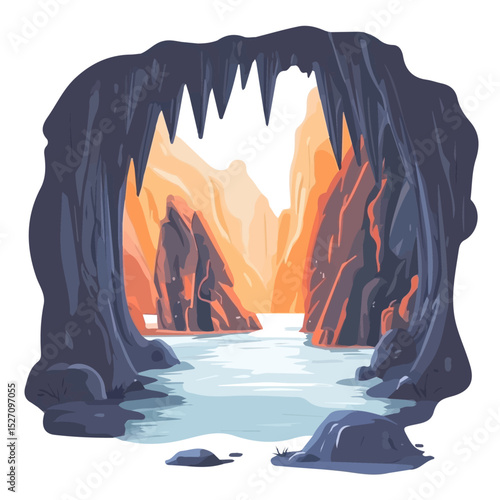 Cave Exploration 2D flat vector illustration, isolated on a white background.