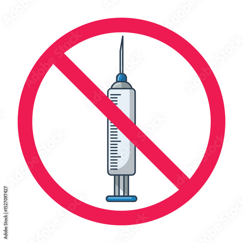 Forbidden sign with syringe icon, no vaccination sign, no drug injection sign,  syringe prohibition sign, stop drugs symbol