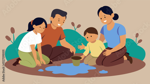 A family of four sitting around a small puddle scooping up the muddy water with their hands to drink.. Vector illustration