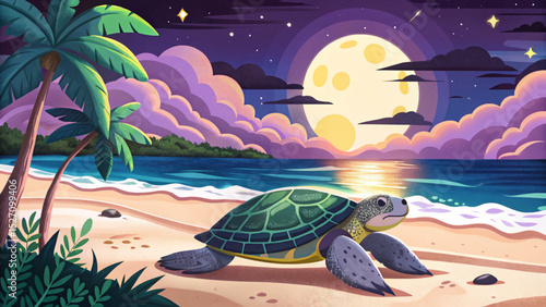 Vector illustration of a moonlit beach with sea turtle nesting perfect for environmental awareness, wildlife protection, and serene coastal night scenes