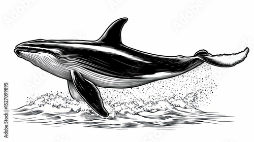 Monochrome portrayal showcasing a humpback whale breaching the ocean surface