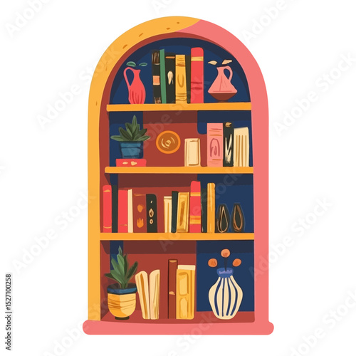 Bookshelf illustration vector 2D flat, isolated on a white background.