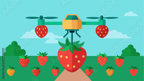 A specialized drone equipped with a clawlike attachment gently harvests ripe strawberries from a field minimizing damage to the delicate fruit.. Vector illustration