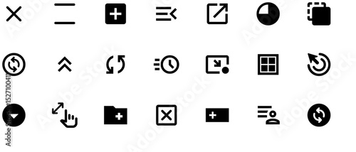 Black and white icon set: 20 video editing symbols, including play, cut, zoom, arrows, sphere, grid, settings, film speed, depth, color, aspect ratio, music. High-res vector.