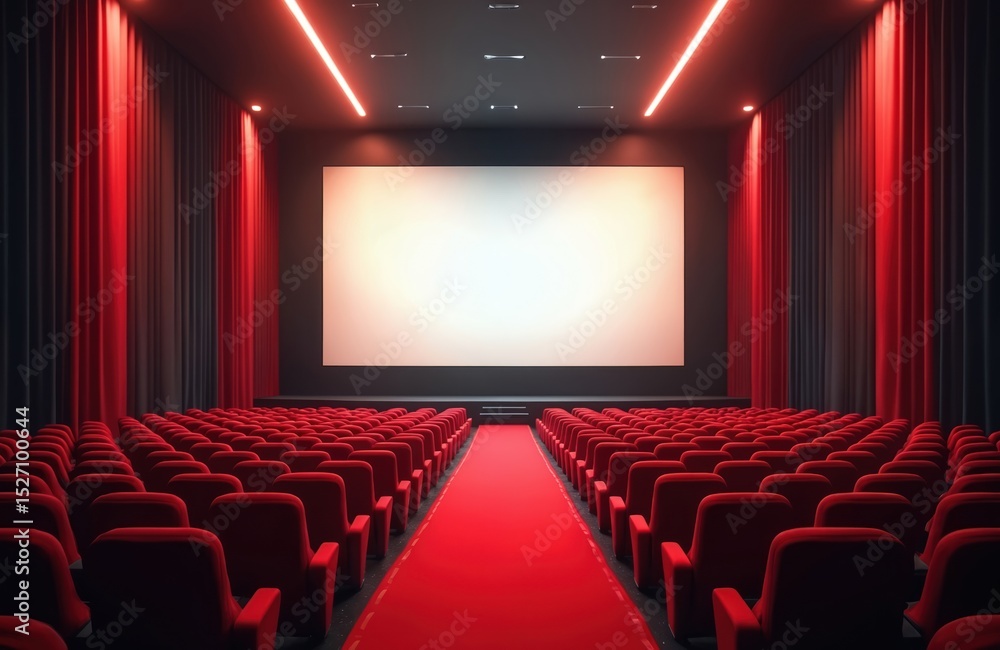 Fototapeta premium Empty cinema with red carpet, comfortable chairs, blank screen. Ready for movie premiere, film festival, presentation. Theater hall interior with stage for show presentation. Business meeting, event.