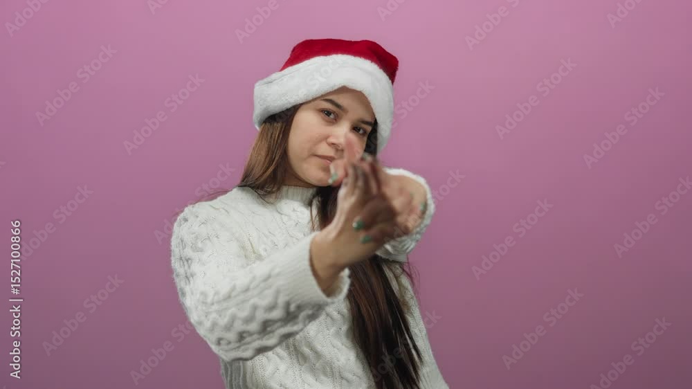 Woman in santa hat making finger gun gesture over pink background, wearing white sweater, young hispanic adult expressing playfulness, close up portrait style. Woman in santa hat making finger gun gesture over pink background, wearing white sweater, young hispanic adult expressing playfulness, close up portrait style.