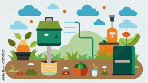 A smart composting system that efficiently breaks down human waste into safe and usable compost for agriculture purposes.. Vector illustration