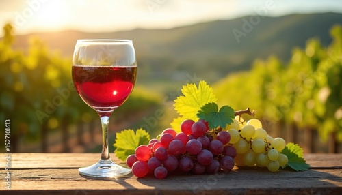 Wallpaper Mural Wine glass red wine on wooden table against vineyard background. Red grapes bunch. Summer vacation in Italy or France. Winery or vineyard tasting concept. Torontodigital.ca
