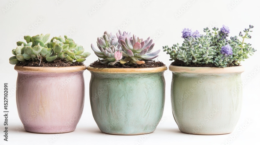 Fototapeta premium Three potted succulents in pastel pots on white background.
