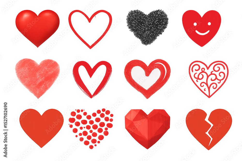set of heart symbols in various styles and textures on a transparent background set of heart symbols in various styles and textures on a transparent background