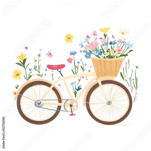 2D flat Bicycle Basket Wildflowers vector illustration, isolated on a white background.