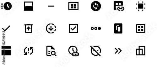 Black and white vector icon set for mobile apps, featuring borders, symbols, chat bubbles, balance arrows, user avatar, and customizable settings elements
