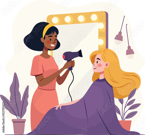 Hair salon services illustration with stylist and client getting a blow dry and hair treatment
