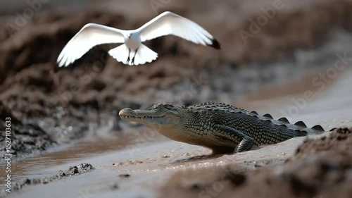 Crocodile lunging at a bird from the riverbank with wings flapping