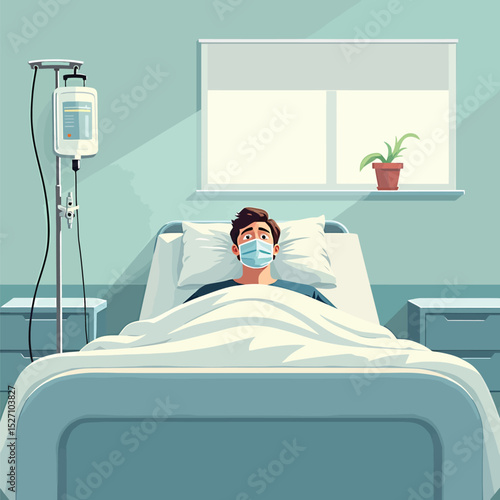 Patient in hospital bed wearing mask receiving iv treatment illustration vector graphic design