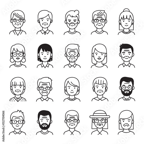 Line art avatars of diverse people. Simple, clean black and white illustrations of faces. Various ages, hairstyles, and facial features are represented.