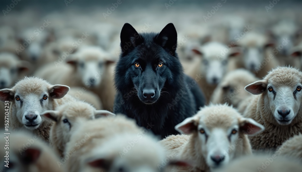Naklejka premium Black wolf stands among white sheep. Conceptual image about contrast, difference. Image black wolf surrounded by white sheep, creating strong visual symbolism. Idea of uniqueness, difference,