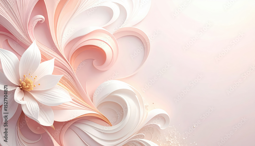 Elegant white lotus flower with delicate paper art swirls, soft pastel pink and cream background, gentle light, serene and peaceful mood, perfect for spa or wellness themes Elegant white lotus flower with delicate paper art swirls, soft pastel pink and cream background, gentle light, serene and peaceful mood, perfect for spa or wellness themes
