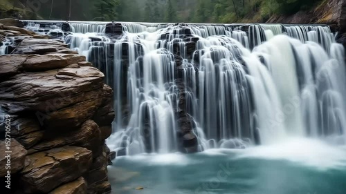 Majestic Waterfall Cascading Over Rugged Rocks in Lush Forest