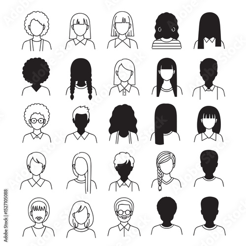 Line art collection of 25 diverse avatars. Features various hairstyles, genders, and ethnicities in a simplified, black-and-white illustration.