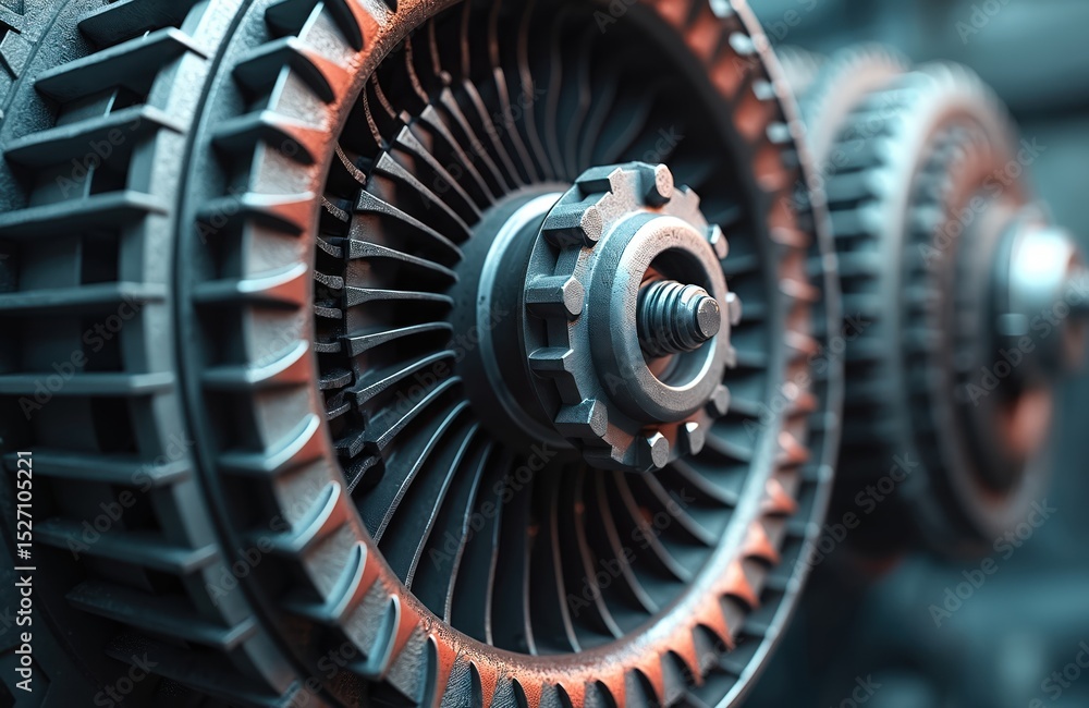 Fototapeta premium Close-up of gas turbine engine blades. Metallic industrial machine components with axial thrust, exhaust. Turbo compressor details. Engineering manufacture in power plant.