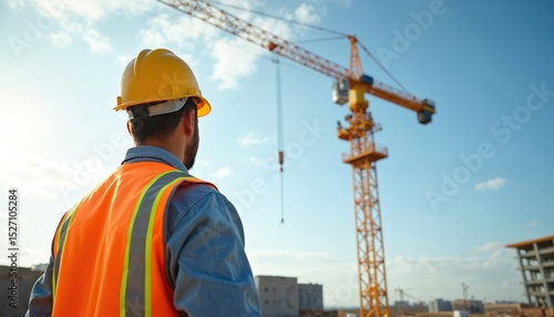 Construction worker in hard hat and safety vest looks crane building site. Worker examines project, ensuring safety, inspecting job. Construction industry site, labor, engineer, builder.