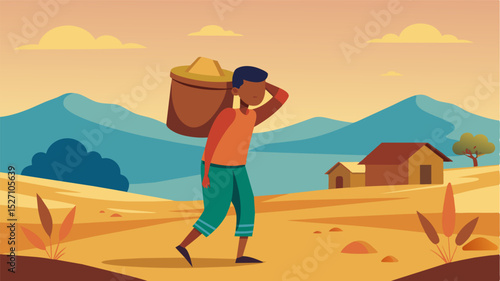 A man exhausted from carrying a heavy load of water back to his family from the distant community well.. Vector illustration