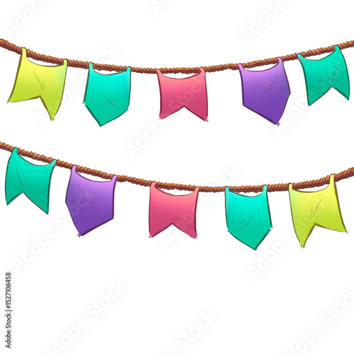 Bandeirinhas de São João estendidas em corda marrom. Enfeite colorido de festa junina