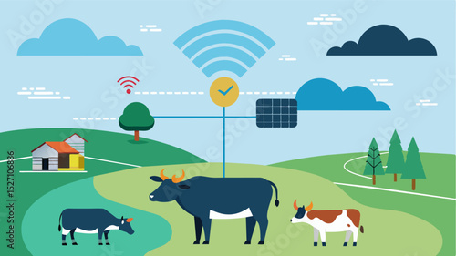 A satellite tracking system that provides realtime location updates for grazing animals allowing farmers to remotely check on their whereabouts and wellbeing.. Vector illustration