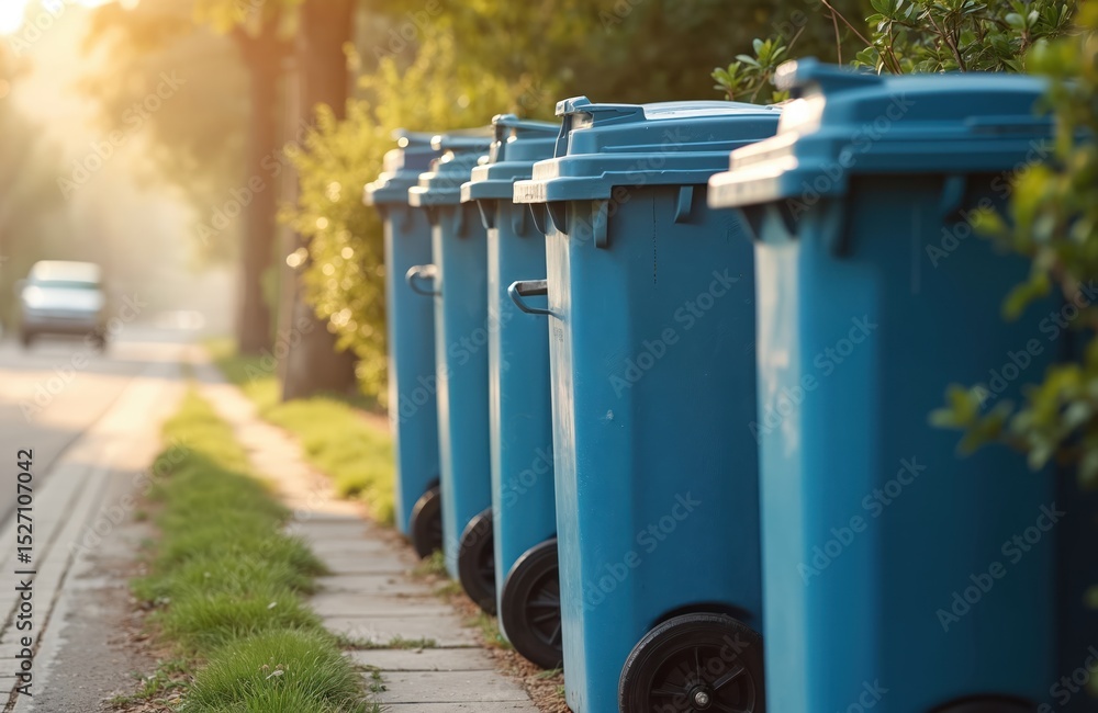 Blue garbage cans line street curb. Wheelie bins for trash collection. Environmental protection, waste management, recycling. Clean neighborhood, responsible disposal. Sorted waste for eco-friendly Blue garbage cans line street curb. Wheelie bins for trash collection. Environmental protection, waste management, recycling. Clean neighborhood, responsible disposal. Sorted waste for eco-friendly