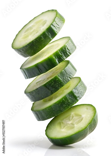 Fresh Cucumber Slices Floating in Mid-Air on White Background